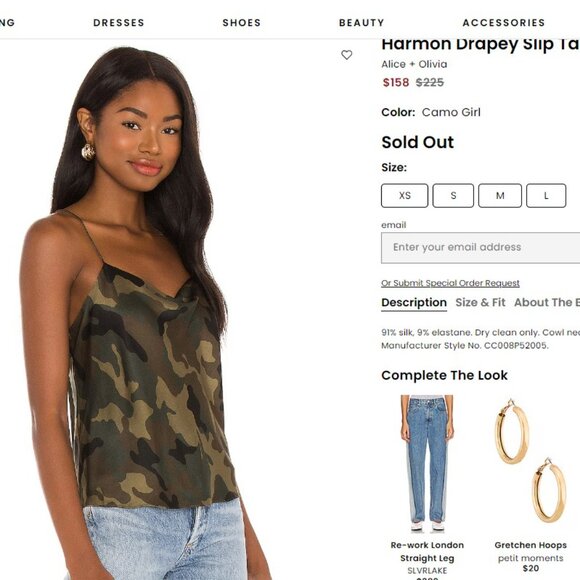 Alice + Olivia Harmon Top Camo Cami Drape Slip Tank Cowl Neck Camisole Green S - Picture 14 of 14